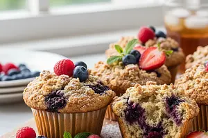 Buttery Muffins with Summer Fruits and Crunchy Oat Crumble