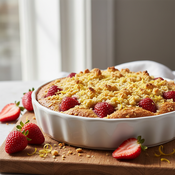 Buttery Yogurt Cake with Strawberries and Crunchy Lemon Crumble