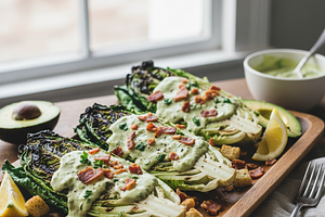 Grilled romaine lettuce hearts with creamy avocado Caesar dressing and crispy bacon
