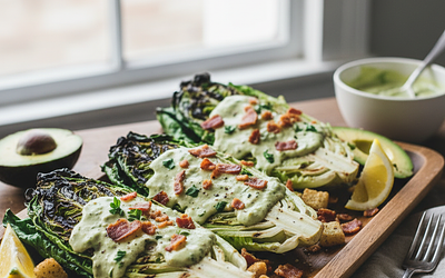 Grilled romaine lettuce hearts with creamy avocado Caesar dressing and crispy bacon