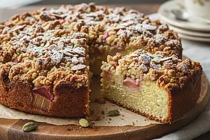 Buttermilk Cake with Rhubarb and Almond Crumble with a Hint of Cardamom