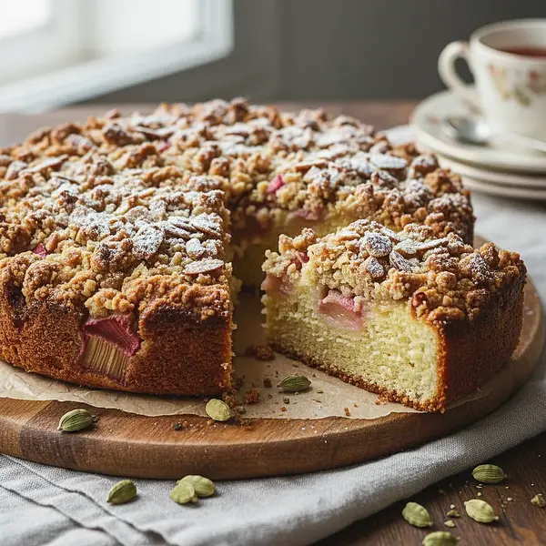 Buttermilk Cake with Rhubarb and Almond Crumble with a Hint of Cardamom