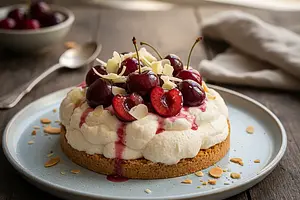 Velvety Cloud with Cherries and White Chocolate on an Almond Base