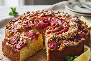 Buttery Lemon Cake with Caramelized Rhubarb and Almond Crumble