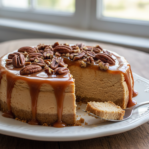 Velvety Kajmak Cheesecake with Salted Caramel and Pecans