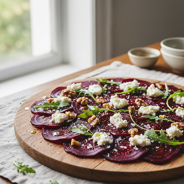 Roasted Beetroot Carpaccio with Goat Cheese, Arugula, and Walnuts