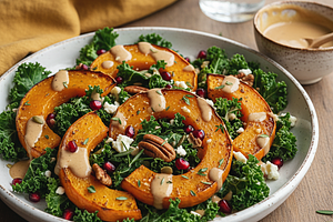Autumn Salad with Roasted Pumpkin, Kale, and Maple-Tahini Dressing