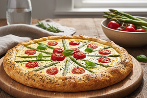 Ricotta tart with asparagus and cherry tomatoes on herbed shortcrust pastry