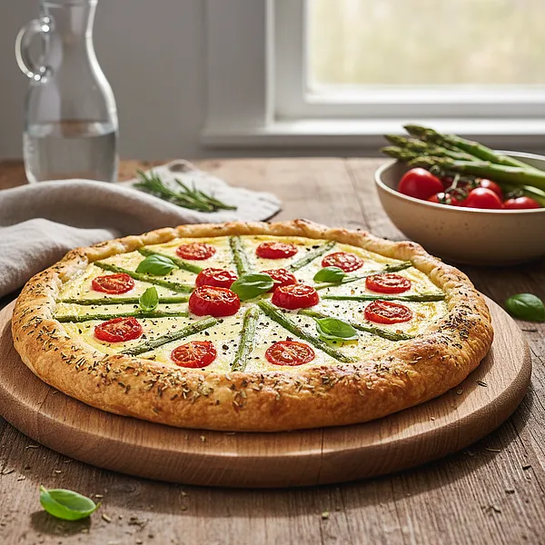 Tarta z ricottą, szparagami i pomidorkami koktajlowymi na kruchym cieście ziołowym