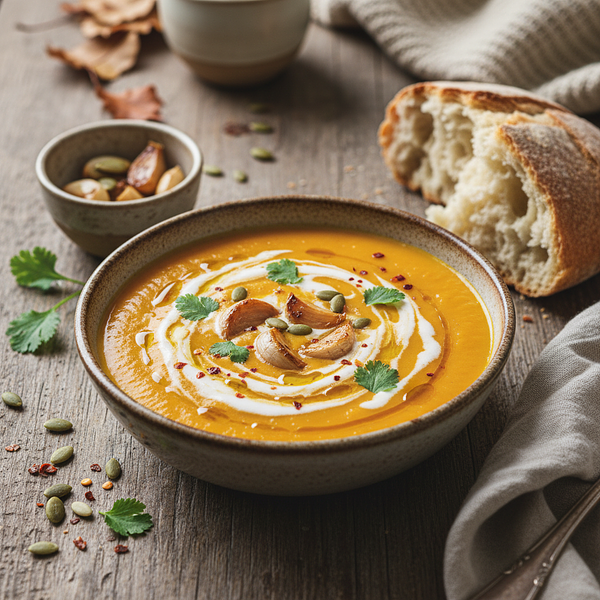 Creamy Pumpkin Soup with Roasted Garlic and Coconut Milk