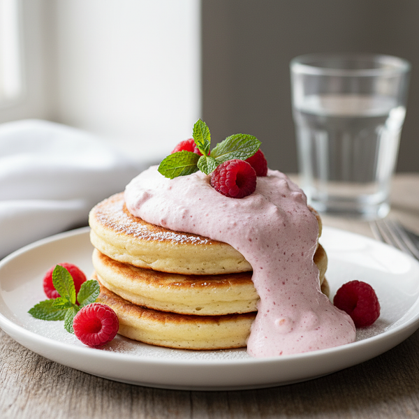 Fluffy ricotta pancakes with raspberry puree and fresh mint