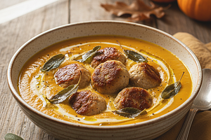 Kremowa zupa dyniowa z pieczonymi klopsikami z indyka i chrupiącą szałwią