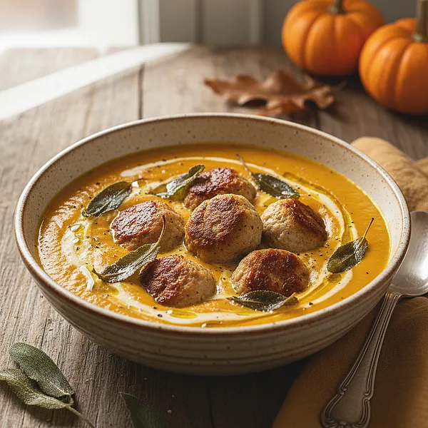 Kremowa zupa dyniowa z pieczonymi klopsikami z indyka i chrupiącą szałwią