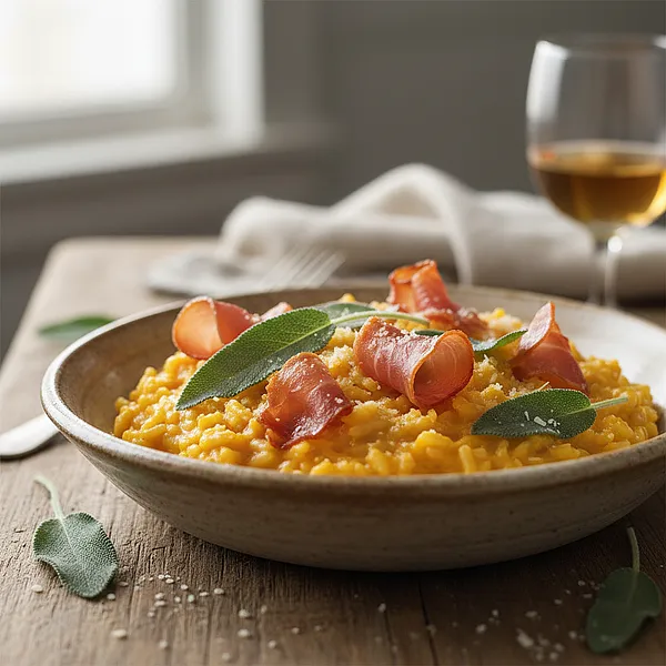Kremowe Risotto z Dynią, Szałwią i Chrupiącym Prosciutto
