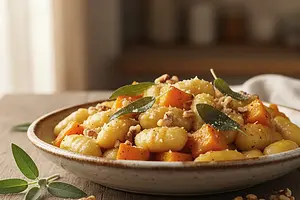 Kremowe gnocchi z pieczoną dynią, szałwią i orzechami włoskimi