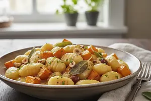 Kremowe gnocchi z palonym masłem szałwiowym, pieczoną dynią i chrupiącymi orzechami laskowymi