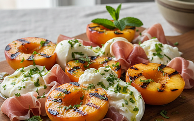 Grilled peaches with burrata, prosciutto, and mint vinaigrette