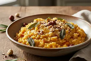Creamy pumpkin risotto with sage butter and toasted hazelnuts