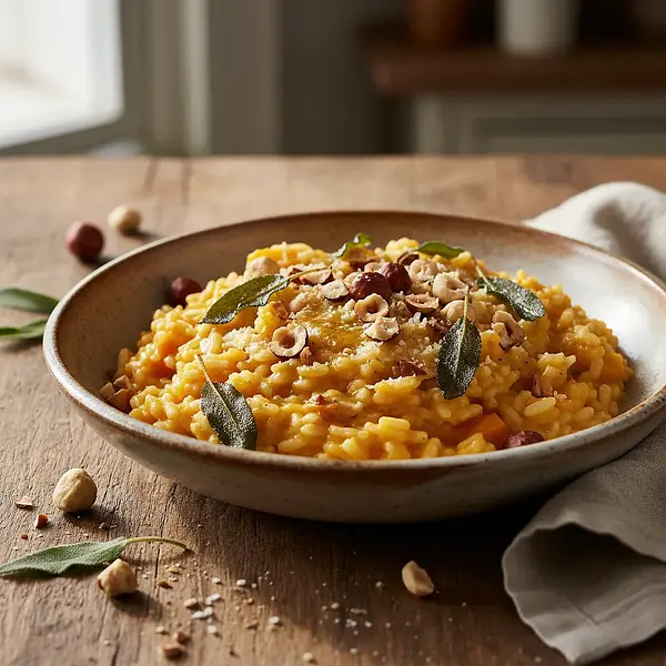 Creamy pumpkin risotto with sage butter and toasted hazelnuts