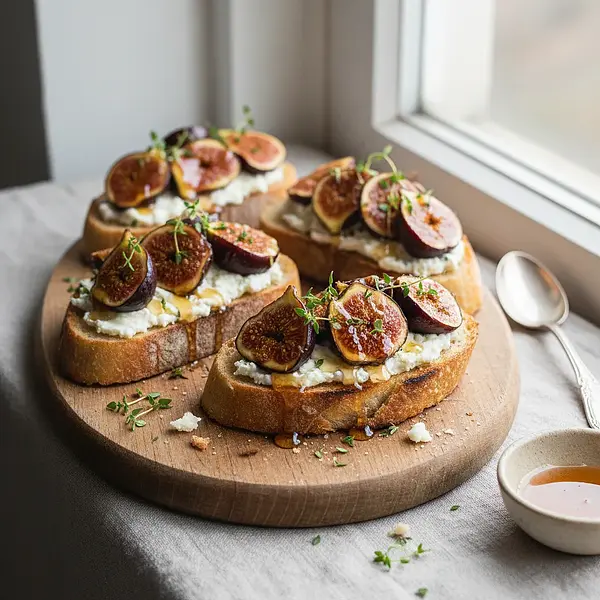 Baked figs with goat cheese, honey, and thyme on crispy toast