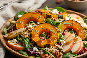 Autumn Salad with Roasted Pumpkin, Spelt, and Maple Dressing