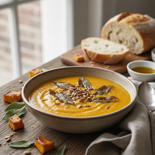 Creamy roasted pumpkin soup with sage chips and toasted seeds