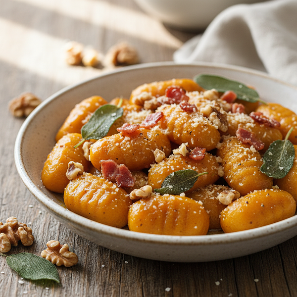 Kremowe Gnocchi Dyniowe z Szałwiowym Masłem, Chrupiącym Boczkiem i Orzechami Włoskimi
