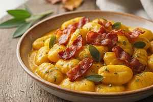 Kremowe gnocchi w sosie dyniowo-szałwiowym z chrupiącym boczkiem