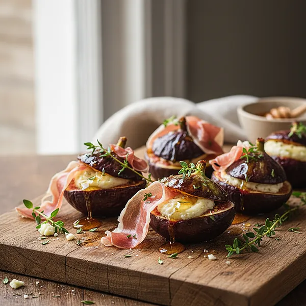 Pieczone Figi z Kozim Serem, Prosciutto i Miodem Tymiankowym