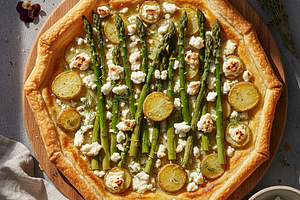 Wiosenna Tarta z Szparagami, Kozim Serem i Młodymi Ziemniakami na Kruchym Spodzie