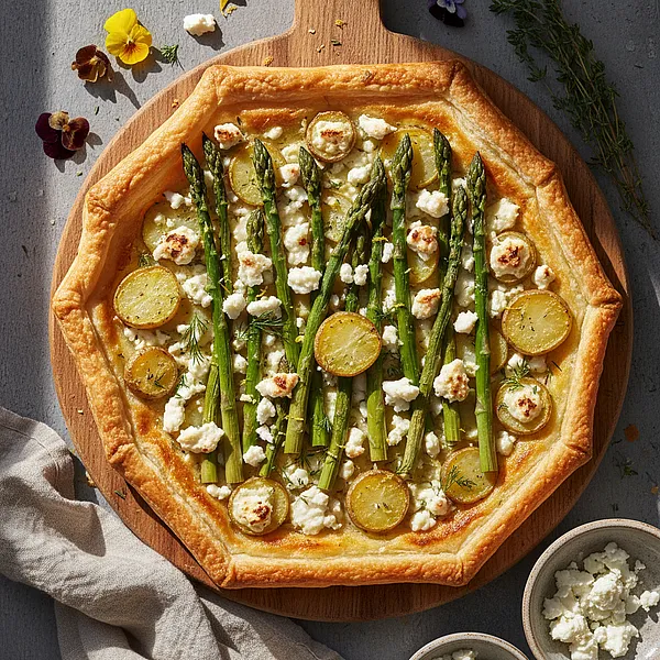 Wiosenna Tarta z Szparagami, Kozim Serem i Młodymi Ziemniakami na Kruchym Spodzie