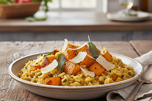 Kremowe risotto z pieczoną dynią, szałwią i parmezanem
