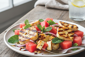Orzeźwiająca sałatka z grillowanym halloumi, arbuzem i miętą