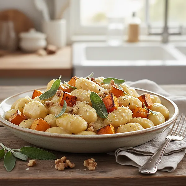 Kremowe gnocchi z pieczoną dynią, szałwią i orzechami włoskimi