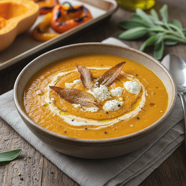 Aksamitny krem z pieczonej dyni i papryki z chrupiącym chipsem z szałwii i kozim serem