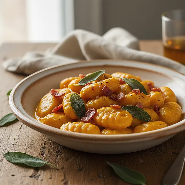 Kremowe gnocchi z dynią, szałwią i chrupiącym boczkiem