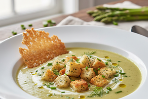 Aksamitny krem ze szparagów z chipsem parmezanowym i ziołowymi grzankami