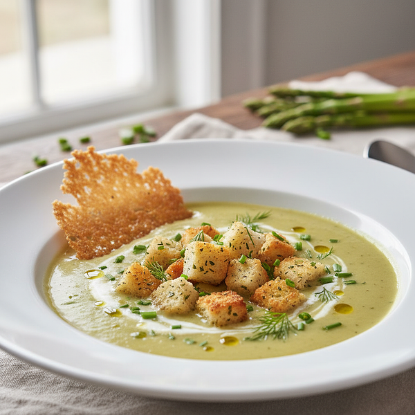 Aksamitny krem ze szparagów z chipsem parmezanowym i ziołowymi grzankami