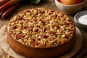 Rustic yogurt cake with rhubarb, apples, and oat crumble