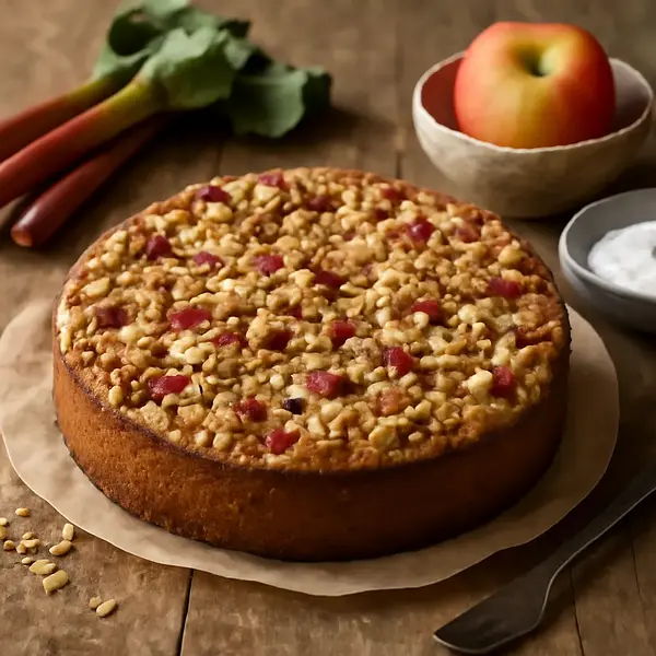 Rustic yogurt cake with rhubarb, apples, and oat crumble