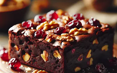 Moist brownie with cranberries, walnuts, and a hint of orange