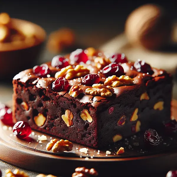 Moist brownie with cranberries, walnuts, and a hint of orange
