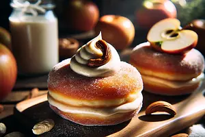 Vegan doughnut pancakes with apple-cinnamon filling and cashew cream