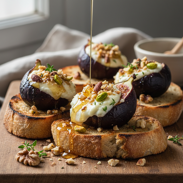 Pieczone Figi z Kozim Serem, Miodem i Orzechami na Chrupiącej Grzance