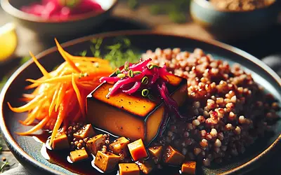 Tofu in plum-ginger glaze with buckwheat and quick pickled carrots