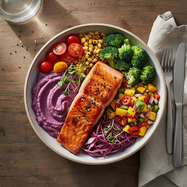 Rainbow Power Plate: Baked Salmon with Purple Potato Purée and Mango Salsa