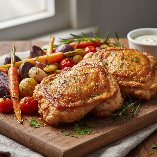 Crispy Chicken Thighs with Herbs and Vegetables from the Air Fryer (or Oven)