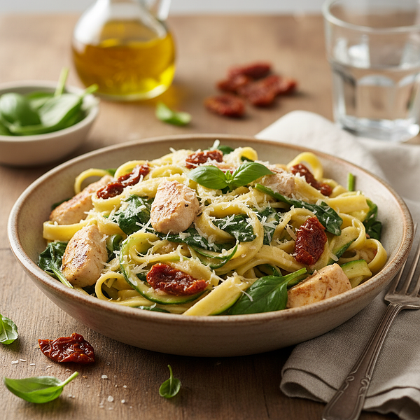 Keto Tagliatelle with Chicken, Spinach, and Sun-Dried Tomatoes in Creamy Sauce