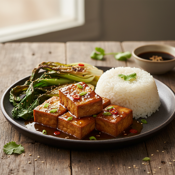Glazed Fermented Tofu in Umami Sauce with Sticky Rice and Crispy Pak Choi