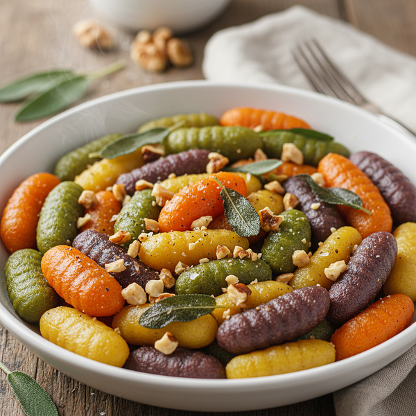 Rainbow Pumpkin Gnocchi with Sage Butter and Crunchy Nuts